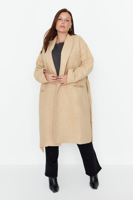 Camel Belted Oversize Cashmere Woven Coat Tbbaw23kb00004