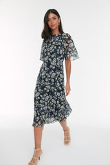 Navy Blue Floral Print A Cut Lined Midi Woven Dress Twoss20el0908