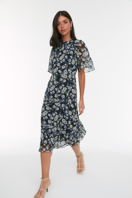 Navy Blue Floral Print A Cut Lined Midi Woven Dress Twoss20el0908