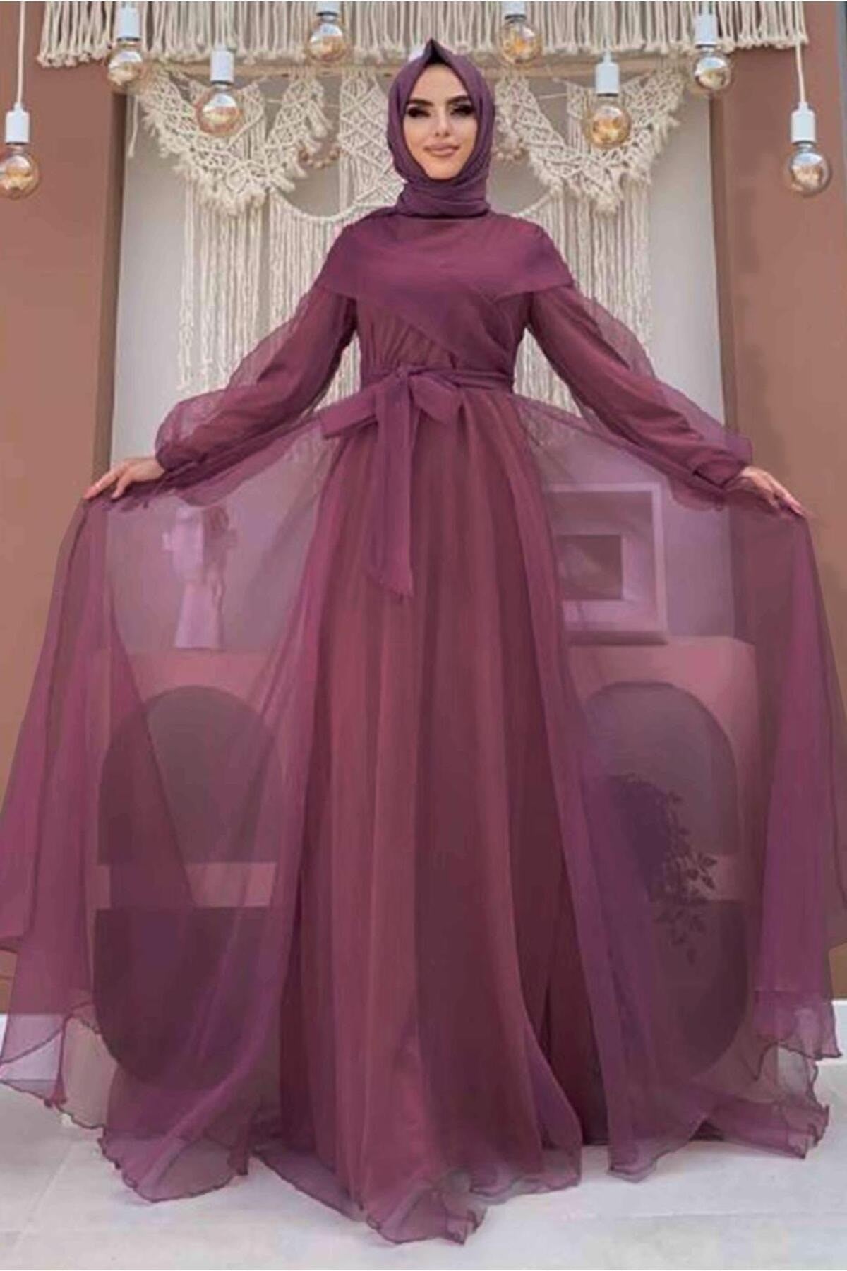 Women Purple Belted Tulle Evening Dress Dress T 4693 22yabltr4693