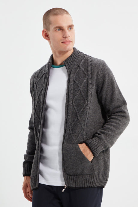 Anthracite Men's Slim Fit Knit Detailed Zipper Pocket Knitwear Cardigan Tmnaw21hi0349