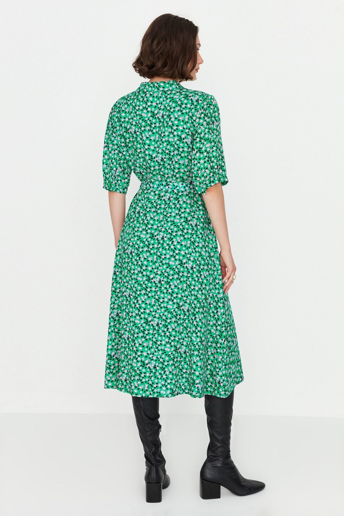 Green Floral Pattern Belted Midi Woven Viscose Shirt Dress Twoss20el1559