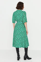 Green Floral Pattern Belted Midi Woven Viscose Shirt Dress Twoss20el1559