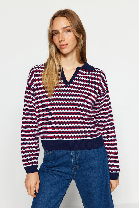 Red Striped Polo Collar Knitwear Sweater Twoaw24kz00431