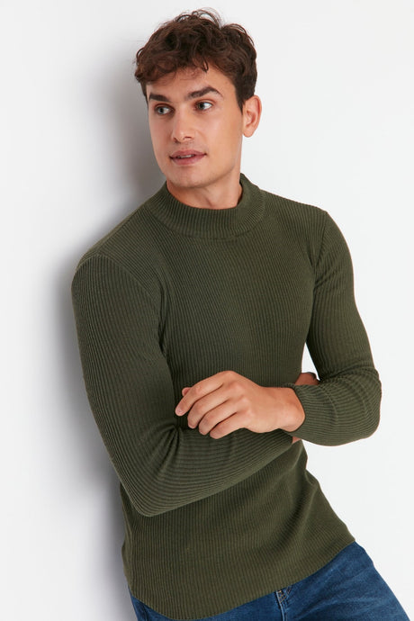 Brown Men's Fitted Slim Fit Half Turtleneck Ribbed Knitwear Sweater Tmnaw21kz0568