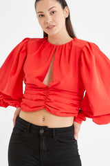 Women's White Chest And Waist Ruffle Detailed Crop Blouse Lgoz140rlx