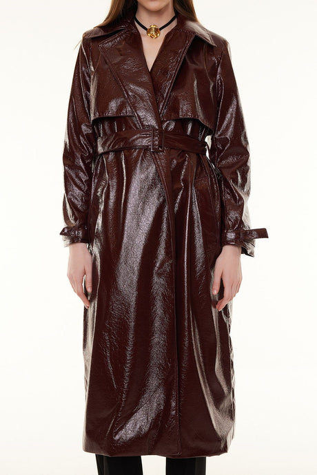 Burgundy Oversize Wide Cut Patent Leather Trench Coat Twoss24tr00022