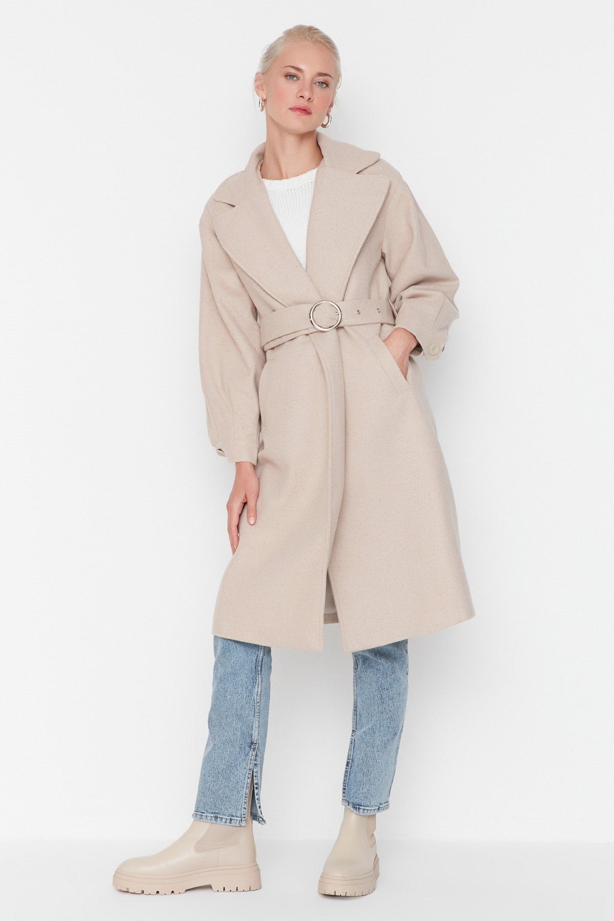 Stone Round Belt Long Woolen Cashmere Coat Twoaw20kb0029