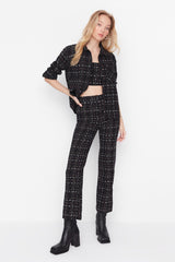 Black High Waist Cigarette Tweed Checkered Woven Pants Twoaw23pl00046