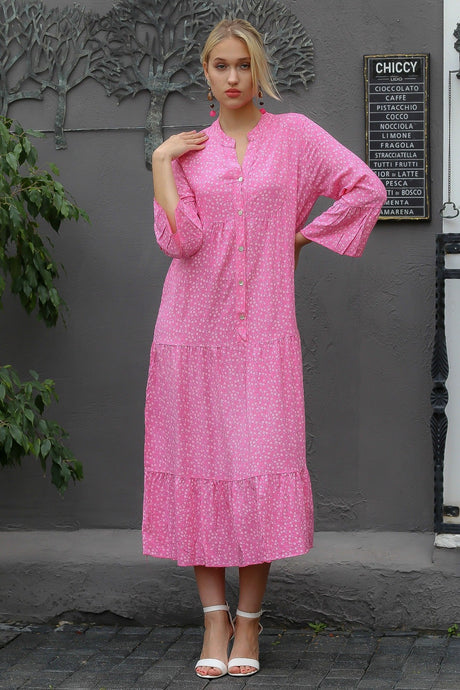 Women's Pink Italian Half Patched Buttoned Ruffle Sleeve Crispy Pattern Oversize Long Dress M1016000