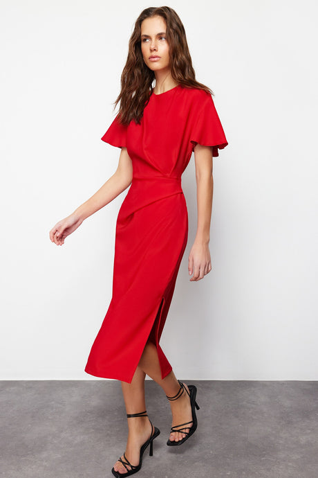 Red Straight Cut Ruffle Midi Woven Dress Twoss24el00713