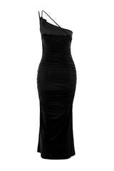 Black Accessory Rose Detailed Ruffle Body Fit Flexible Knitted Midi Pencil Dress Twoss24el00413