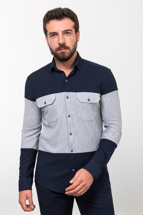 Sequined Navy Slim Fit Long Sleeve Cotton Men's Shirt 37810.23k