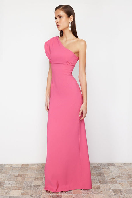 Fuchsia Asymmetric Collar Long Evening Dress Tprss24ae00119