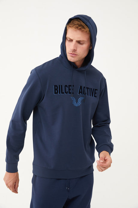 Men's Navy Blue Front Flock Printed Hooded Pocket Casual And Sports Sweatshirt 1541 Tb23ml11w1541-1