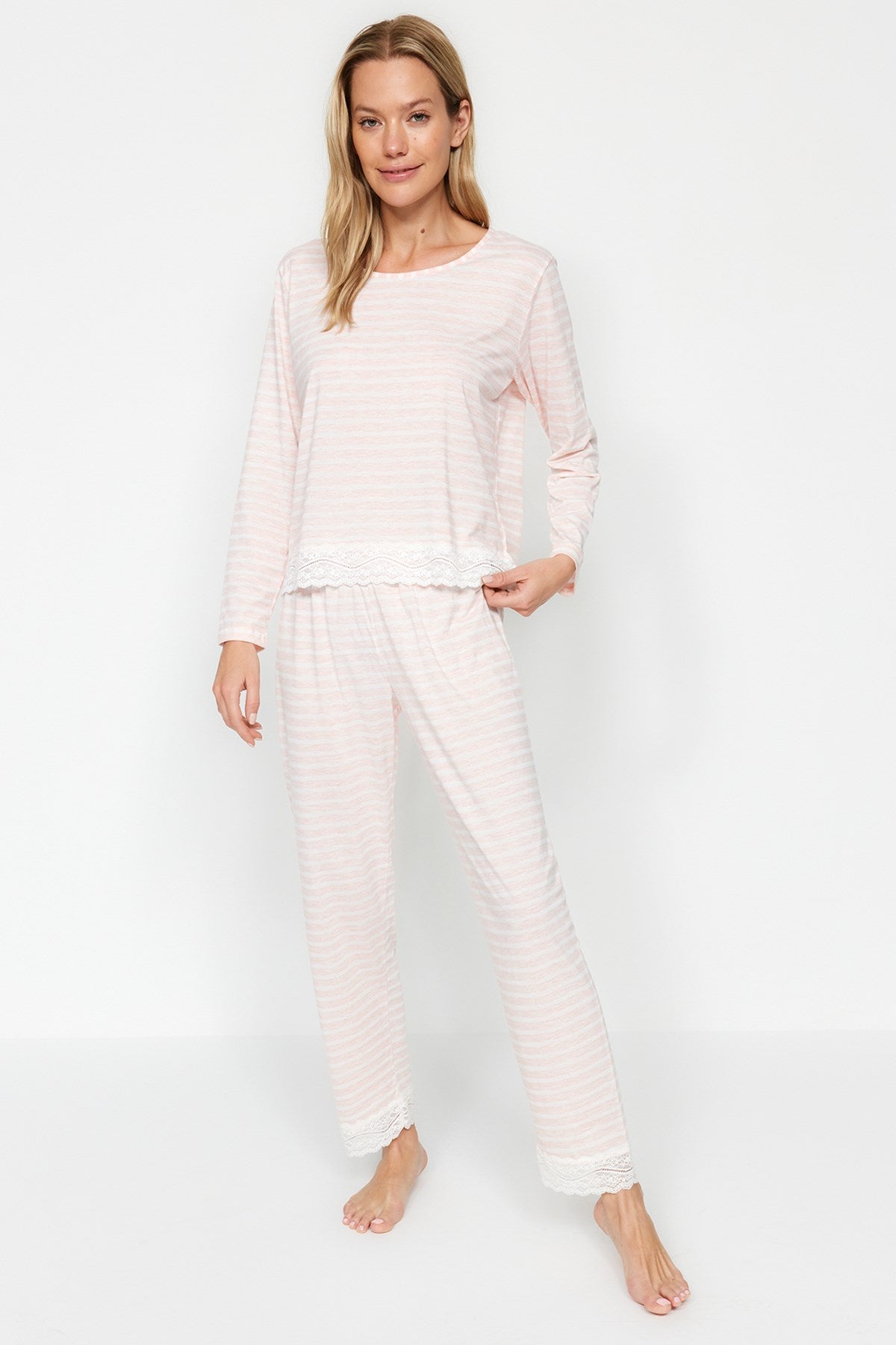 Powder Striped Lace Detailed Tshirt-pants Knitted Pajama Set Thmaw24pt00183