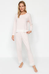 Powder Striped Lace Detailed Tshirt-pants Knitted Pajama Set Thmaw24pt00183