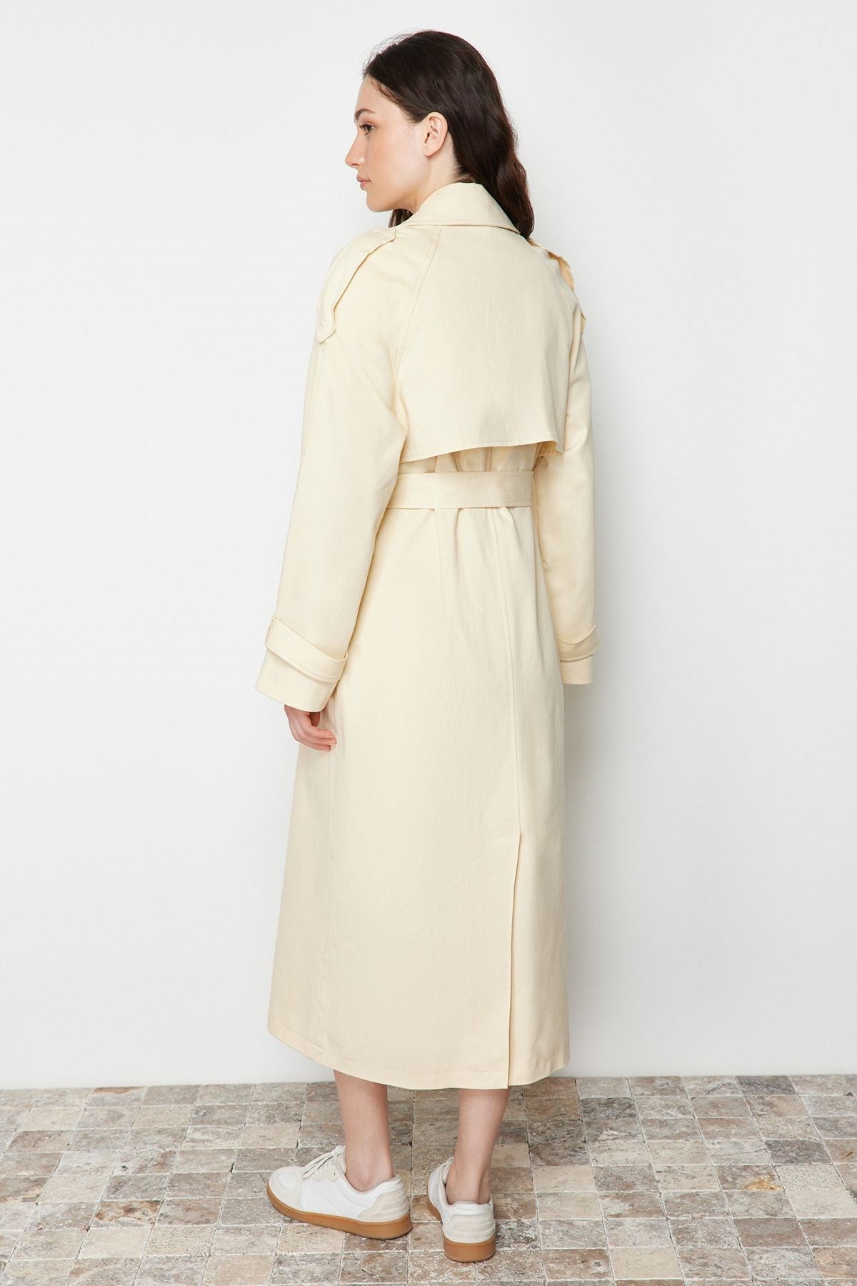 Beige Oversize Wide Cut Belted Cotton Trench Coat Twoss24tr00021