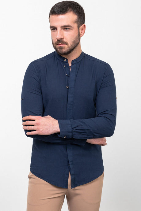 Patterned Navy Blue Color Slim Fit Dominant Collar Long Sleeve Linen Men's Shirt 37780.23y