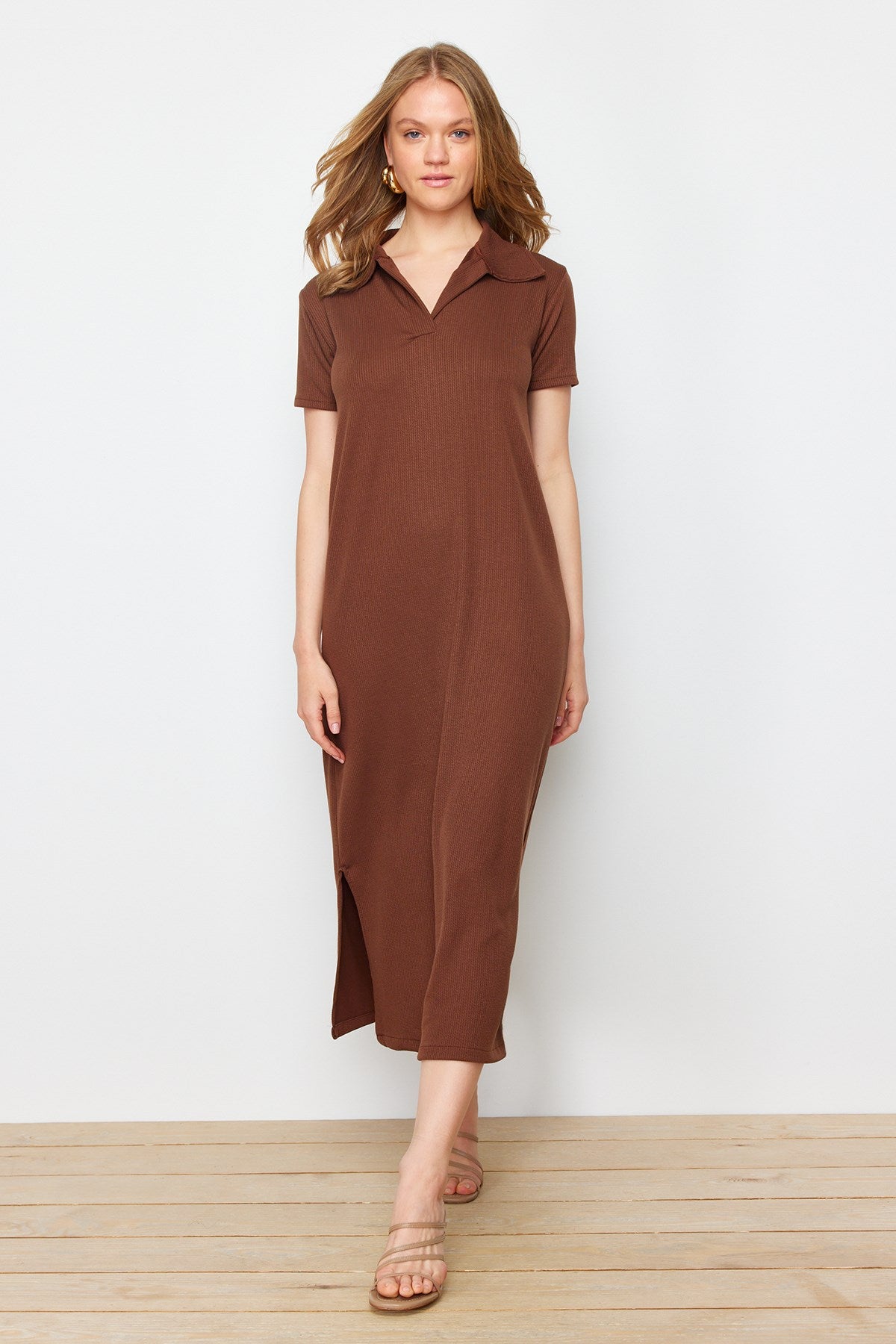 Brown Polo Neck Shift/nromal Cut Midi Knit Dress Twoss24el01012