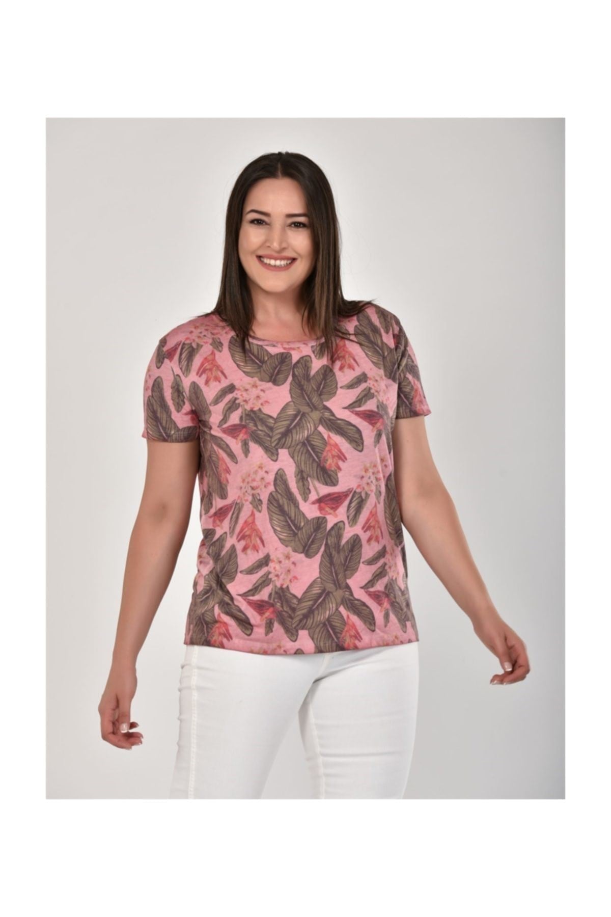 Leaf And Flower Printed Oil Wash T-shirt Light Pink Pra-493228-977244