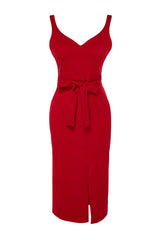 Red Belted Body-fitting Slit Detailed Midi Woven Dress Twoss23el02262