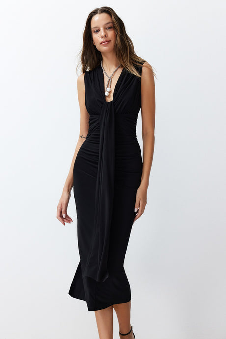 Black Body Sitting Draped Elegant Evening Dress Tprss24el00161