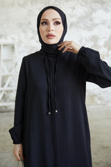 Hidden Patched Abaya With Lace-up Collar - Black Ms00tp00054