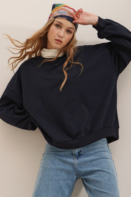 Women's Stone Crew Neck Oversize Basic Sweatshirt Alc-669-001