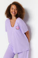 Lilac Printed Pocket Detailed Knitted Pajama Set Tbbaw24ai00004