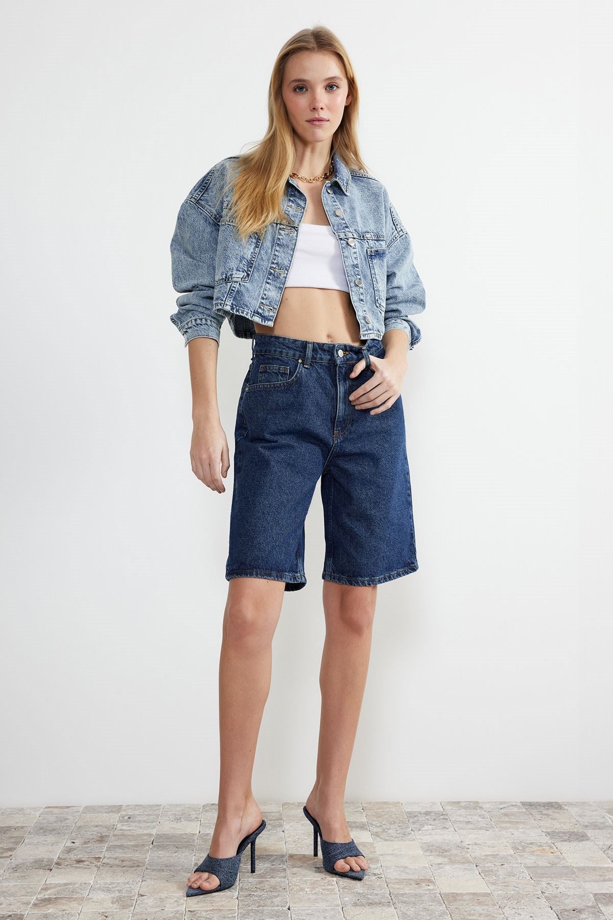 Blue High Waist Denim Shorts & Bermuda Twoss24sr00016