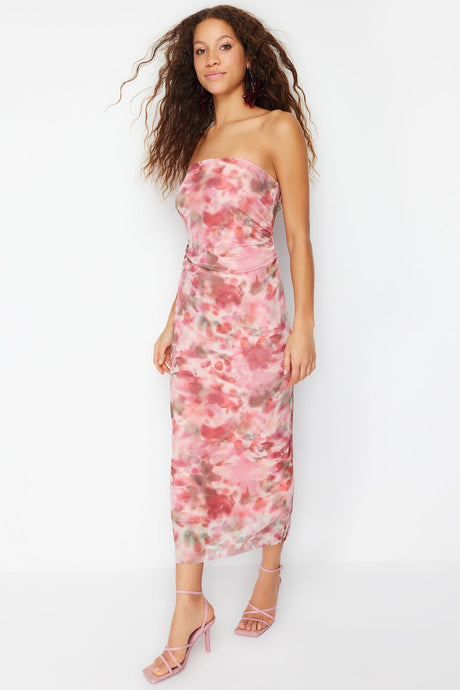 Pink Ruffle/drape Detailed Abstract Patterned Body Fit Maxi Flexible Knitted Pencil Dress Twoss24el0