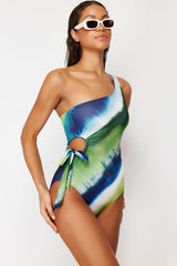 Striped One Shoulder Tie High Leg Regular Swimsuit Tbess24ma00145