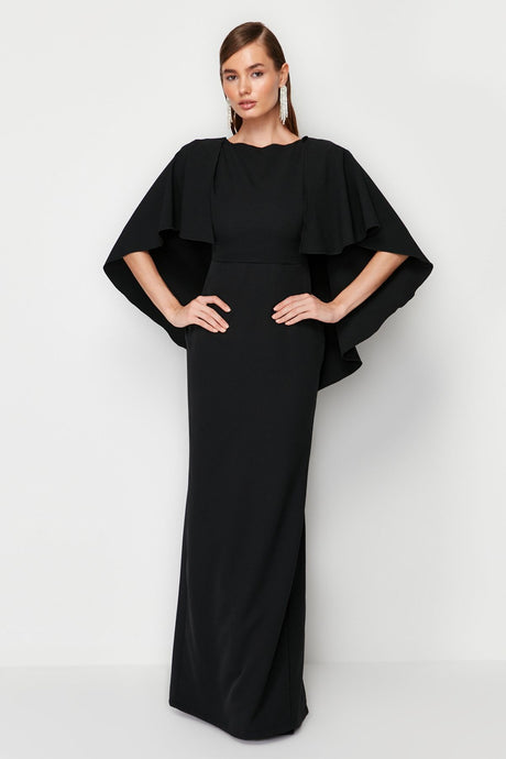 Black Sleeve Detailed Woven Evening Dress Tprss24ae00032