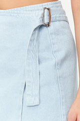 Light Blue Buckle Detailed Tire High Waist Mini Denim Skirt Twoss24et00061