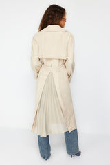 Beige Oversize Wide Cut Chiffon Detailed Pleated Trench Coat Twoss24tr00019