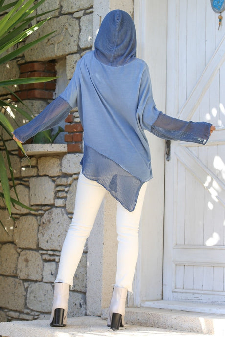 Blue Hooded Long Sleeve Wash Knitted Asymmetric Casual Blouse M10010200bl92760