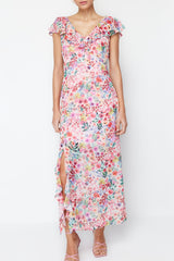 Pink Floral Ruffle Chiffon Lined Maxi Woven Dress Twoss24el00149