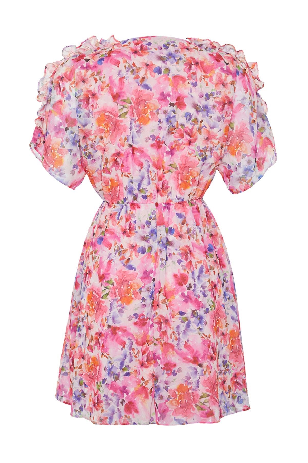 Pink Floral Print Waist Ruffle Detail Lined Chiffon Mini Woven Dress Twoss24el00638