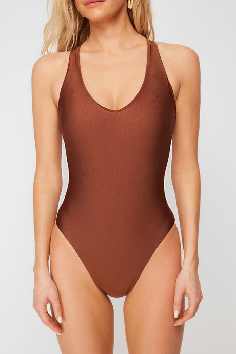 Brown V Neck Back Neckline High Leg Regular Swimsuit Tbess24ma00042