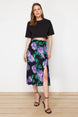 Black Slit Detailed Viscose Fabric Animal Print Midi Woven Skirt Twoaw22et0447