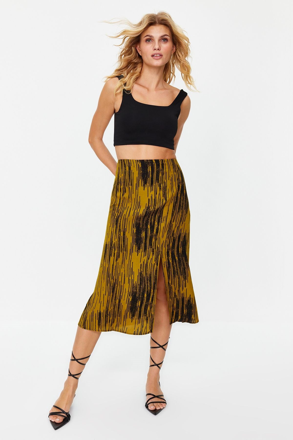 Black Slit Detailed Viscose Fabric Animal Print Midi Woven Skirt Twoaw22et0447