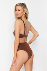 Brown One Shoulder Accessorized Regular Swimsuit Tbess24my00004