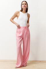 Pink Modal Content Thin Belt Pleated Wide Cut Wide Leg Woven Pants Twoss24pl00121