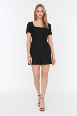 Black A Cut Square Collar Super Mini Woven Dress Twoss22el00015