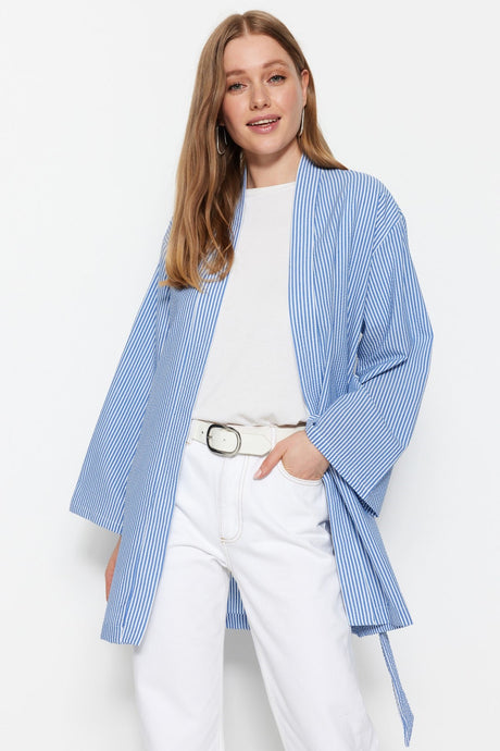 Blue Belted Woven Wafer Striped Kimono & Kaftan Tctss23kk00001