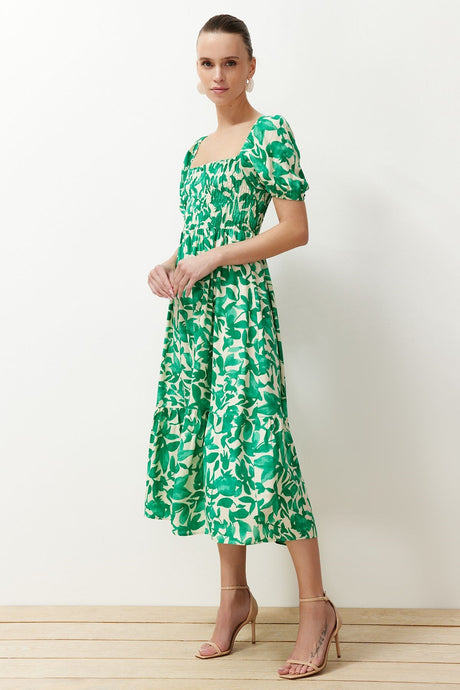 Green Floral Skater Gipe Neckline Detailed Shally Midi Woven Dress Twoss24el00952