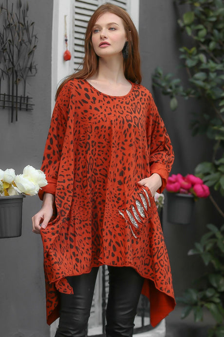 Women's Navy Italian Leopard Pattern Sequin Pocket Detailed Oversized Tunic M10010500tn99595