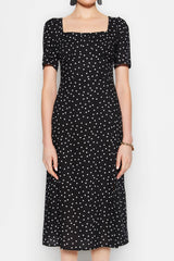 Black Polka Dot Print A-cut Midi Woven Viscose Patterned Dress Twoss23el00487