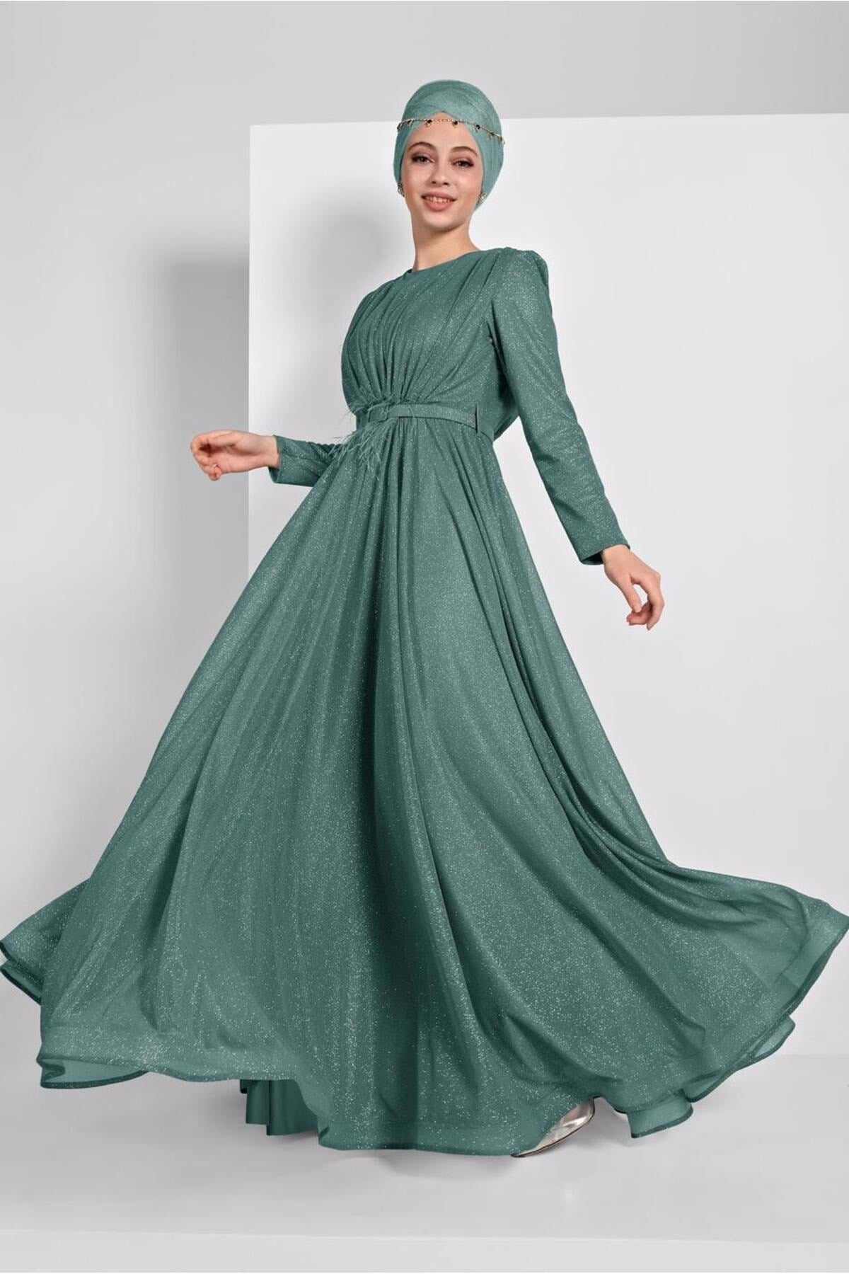 Women's Green (era) Skirt Ruffle Belted Silvery Evening Dress 001100 20yabl001100